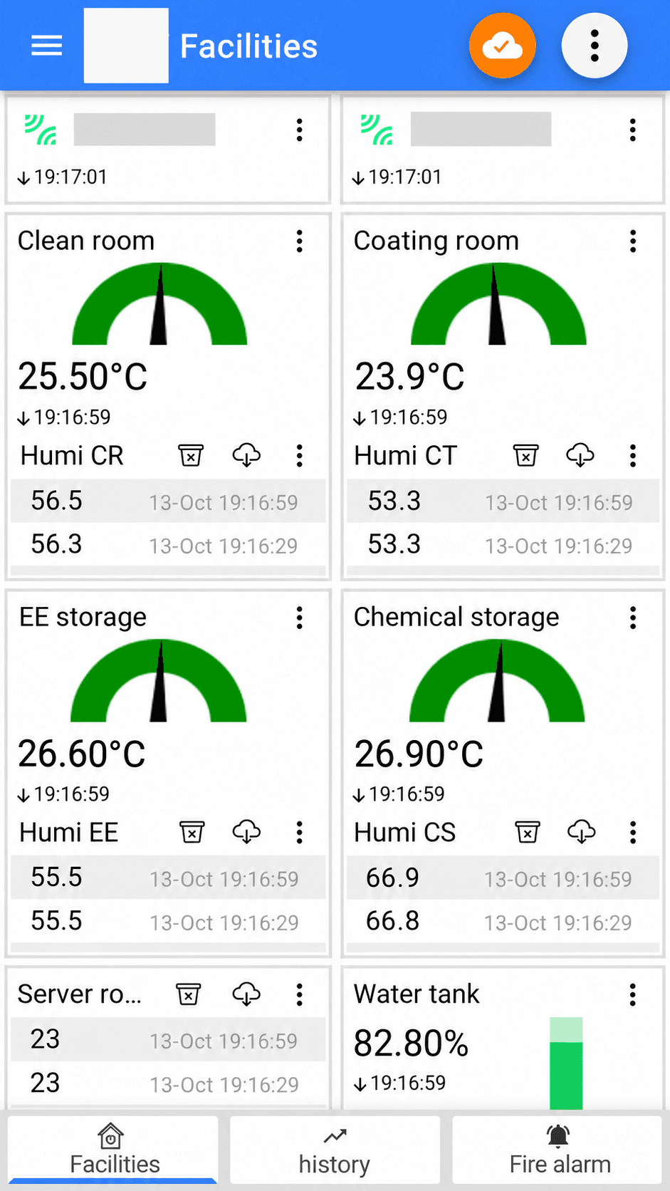 Redacted mobile facilities dashboard illustrating temperature, humidity, water level and monitoring status