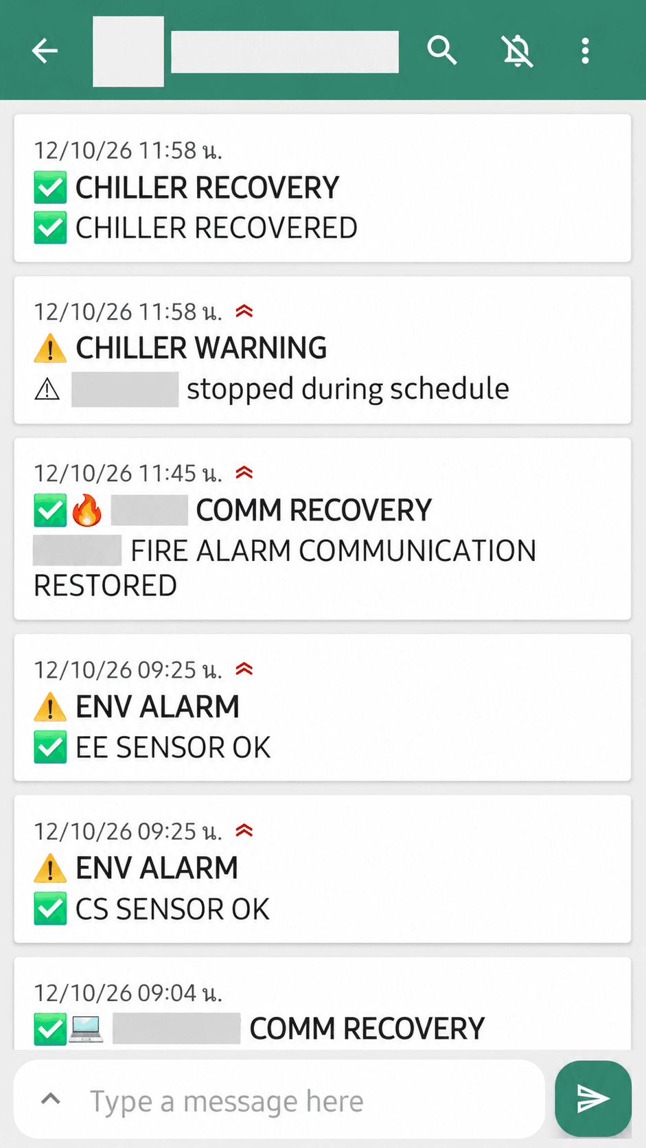 Redacted illustrative mobile notification feed showing chiller warning, recovery, communication recovery and environmental alerts